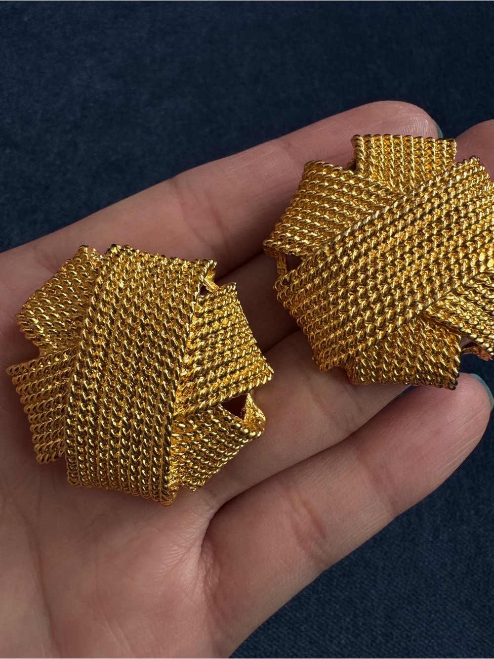 Vintage Gold tone Domed Textured Woven Clip Earrings. - Picture 2 of 4